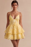 Vestido corto de bienvenida a casa, perlas con líneas A amarillas, perlas con volantes y con volantes amarillos