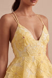 Vestido corto de bienvenida a casa, perlas con líneas A amarillas, perlas con volantes y con volantes amarillos