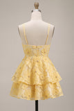 Vestido corto de bienvenida a casa, perlas con líneas A amarillas, perlas con volantes y con volantes amarillos
