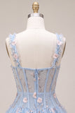 Corsé azul transparente A-Line Vestido corto de bienvenida con flores con volantes y burbujas
