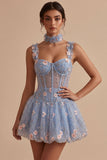 Corsé azul transparente A-Line Vestido corto de bienvenida con flores con volantes y burbujas