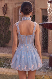 Corsé azul transparente A-Line Vestido corto de bienvenida con flores con volantes y burbujas