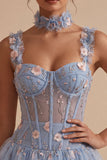 Corsé azul transparente A-Line Vestido corto de bienvenida con flores con volantes y burbujas