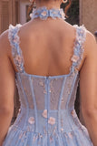 Corsé azul transparente A-Line Vestido corto de bienvenida con flores con volantes y burbujas