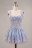 Corsé azul transparente A-Line Vestido corto de bienvenida con flores con volantes y burbujas