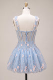 Corsé azul transparente A-Line Vestido corto de bienvenida con flores con volantes y burbujas