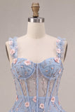 Corsé azul transparente A-Line Vestido corto de bienvenida con flores con volantes y burbujas