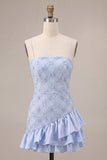 Vestido corto de bienvenida azul con volantes con tirantes finos