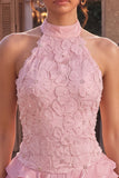 Vestido corto de bienvenida rosa con escote halter con escote halter, perlas florales con volantes y con volantes