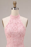 Vestido corto de bienvenida rosa con escote halter con escote halter, perlas florales con volantes y con volantes