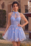 Corsé floral con volantes A-Line con escote halter y perlas perlas corto corto de bienvenida