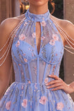 Corsé floral con volantes A-Line con escote halter y perlas perlas corto corto de bienvenida