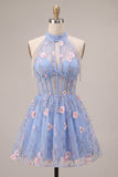 Corsé floral con volantes A-Line con escote halter y perlas perlas corto corto de bienvenida