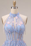 Corsé floral con volantes A-Line con escote halter y perlas perlas corto corto de bienvenida