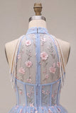 Corsé floral con volantes A-Line con escote halter y perlas perlas corto corto de bienvenida