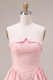 Vestido corto corto de bienvenida rosa Jacquard A-Line con volantes sin tirantes