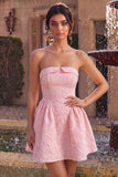 Vestido corto corto de bienvenida rosa Jacquard A-Line con volantes sin tirantes