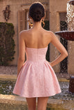 Vestido corto corto de bienvenida rosa Jacquard A-Line con volantes sin tirantes