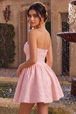 Vestido corto corto de bienvenida rosa Jacquard A-Line con volantes sin tirantes