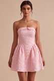 Vestido corto corto de bienvenida rosa Jacquard A-Line con volantes sin tirantes