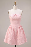 Vestido corto corto de bienvenida rosa Jacquard A-Line con volantes sin tirantes