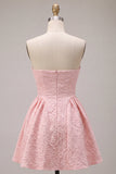 Vestido corto corto de bienvenida rosa Jacquard A-Line con volantes sin tirantes