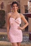 Corsé corto Jacquard Bodycon rosa sin tirantes Vestido corto de bienvenida con lazo