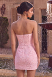 Corsé corto Jacquard Bodycon rosa sin tirantes Vestido corto de bienvenida con lazo
