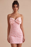 Corsé corto Jacquard Bodycon rosa sin tirantes Vestido corto de bienvenida con lazo