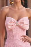 Corsé corto Jacquard Bodycon rosa sin tirantes Vestido corto de bienvenida con lazo