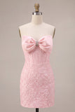 Corsé corto Jacquard Bodycon rosa sin tirantes Vestido corto de bienvenida con lazo