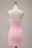 Corsé corto Jacquard Bodycon rosa sin tirantes Vestido corto de bienvenida con lazo