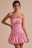 Tirantes rosa A-line Tirantes sin tirantes Bajo burbuja fruncido Vestido corto de bienvenida