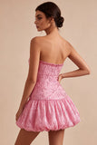 Tirantes rosa A-line Tirantes sin tirantes Bajo burbuja fruncido Vestido corto de bienvenida