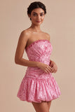 Tirantes rosa A-line Tirantes sin tirantes Bajo burbuja fruncido Vestido corto de bienvenida