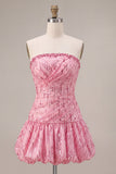 Tirantes rosa A-line Tirantes sin tirantes Bajo burbuja fruncido Vestido corto de bienvenida