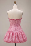Tirantes rosa A-line Tirantes sin tirantes Bajo burbuja fruncido Vestido corto de bienvenida