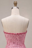 Tirantes rosa A-line Tirantes sin tirantes Bajo burbuja fruncido Vestido corto de bienvenida