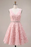 Vestido corto de bienvenida A-Line rosa con escote en V con volantes con volantes con bordado floral