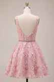Vestido corto de bienvenida A-Line rosa con escote en V con volantes con volantes con bordado floral