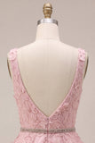 Vestido corto de bienvenida A-Line rosa con escote en V con volantes con volantes con bordado floral