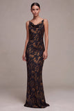 Vestido formal largo largo con cuello de sirena negra con cuello floral