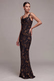 Vestido formal largo largo con cuello de sirena negra con cuello floral