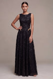 Vestido formal largo de cuello redondo negro de cuello redondo en línea A