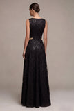 Vestido formal largo de cuello redondo negro de cuello redondo en línea A