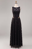 Vestido formal largo de cuello redondo negro de cuello redondo en línea A