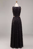 Vestido formal largo de cuello redondo negro de cuello redondo en línea A