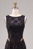Vestido formal largo de cuello redondo negro de cuello redondo en línea A