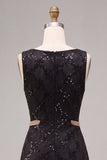 Vestido formal largo de cuello redondo negro de cuello redondo en línea A