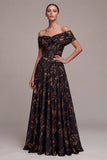 Vestido formal largo y largo de cabello negro, línea A con hombros descubiertos, floral y fruncido